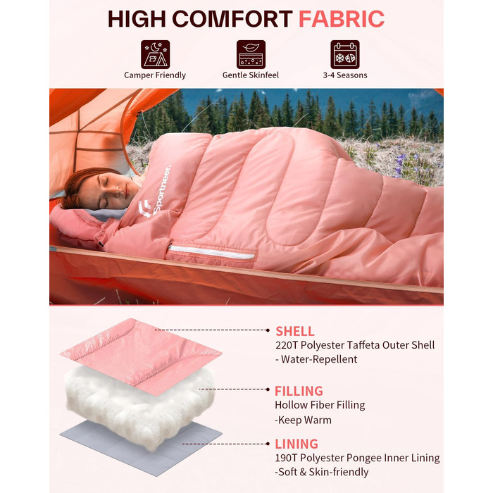 Сплячий мішок Sportneer Outdoor - ковдровий спальний мішок 3-4 сезони для дорослих, теплий, для кемпінгу, подорожей та активного відпочинку (200x85 см, Рожевий)