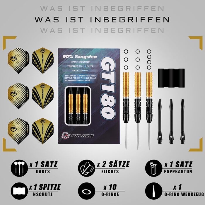Дарти WIN.MAX з металевим наконечником 90% Tungsten (Вольфрам), 3 шт., 24 г, професійні сталеві дротики (Чорно-золоті 2026)