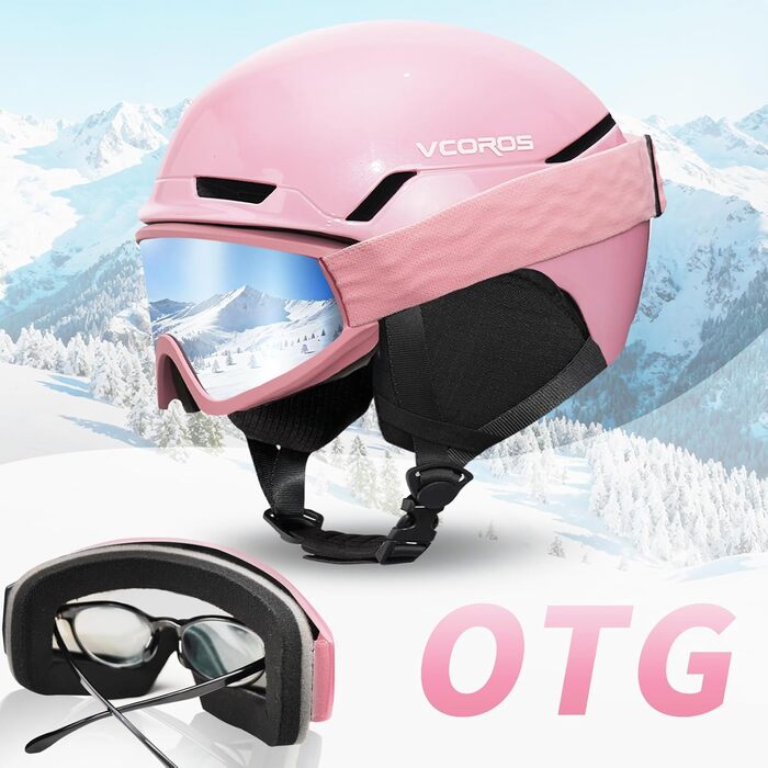 Шлем для лижного спорту Skihem DXH816 з маскою та захистом вух, для жінок та чоловіків, знімні навушники, дихаючий, захист від ударів, UV-захист, регульований, для сноуборду та лиж (Блискучий рожевий + лижні окуляри + маска, M)