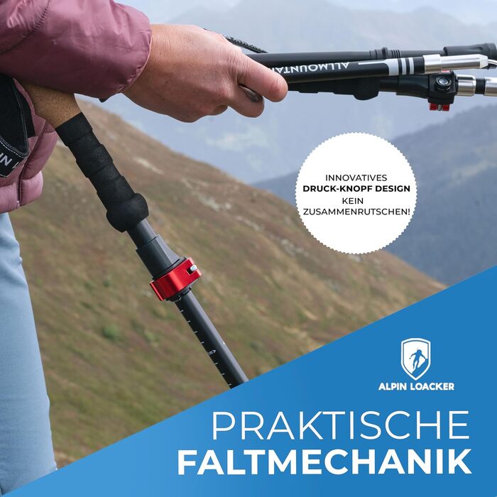 Складані трекінгові палиці Alpin Loacker з карбону або алюмінію з корковою ручкою, телескопічні, для скандинавської ходьби, трекінгу, лиж, для чоловіків і жінок, 115-135 см