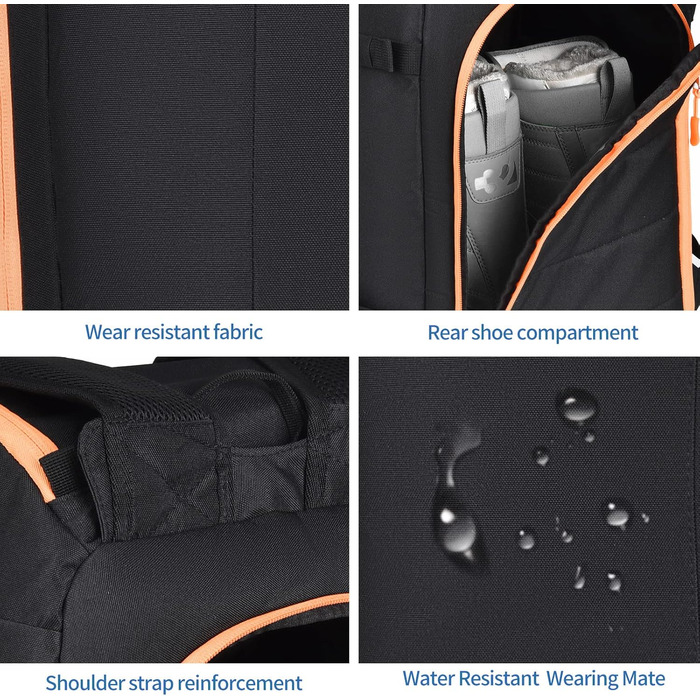 Чохол для лиж чорного кольору, терморюкзак, 50 л, водонепроникний. Підходить для сноуборду, лижного спорядження, шолому, маски, рукавичок, аксесуарів. Для підлітків та чоловіків. Оранжево-чорний колір.