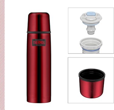 Термос для напоїв 0,75 л Thermos Light & Compact, червоний, нержавіюча сталь, ізольована пляшка з чашкою, зберігає тепло до 18 годин, холод — до 24 годин, герметичний, BPA-free, можна мити в посудомийці