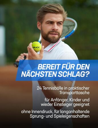 Тенісні м'ячі JELEX Tiebreak, 24 шт, жовті, без тиску, фетрове покриття, 6,37 см, у комплекті з сумкою для зберігання