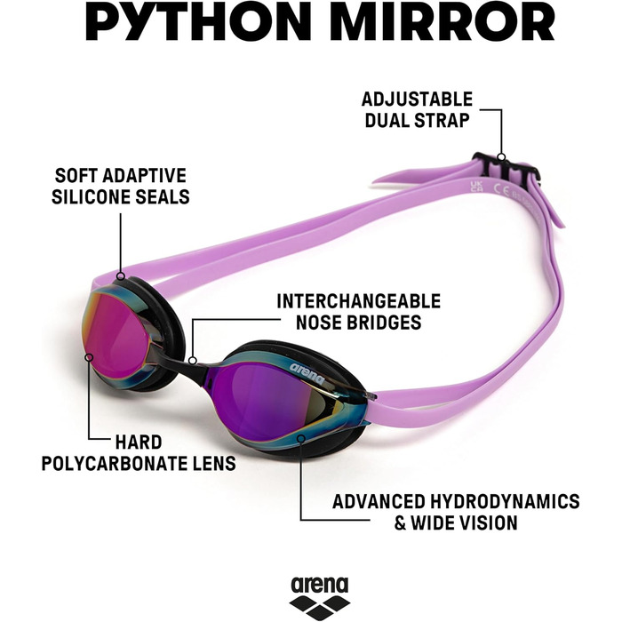 Окуляри для плавання ARENA Python Racing Unisex (Дзеркальні, Чорно-Фіолетові) - Антифог, Герметичні, Комфортні