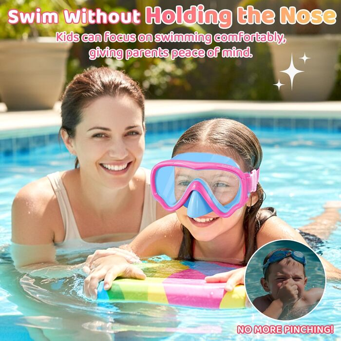 Дитячі маски для снорклінгу Vvinca з регульованим ремінцем, маски для плавання для дітей 3-14 років, хлопчиків та дівчаток, маска для дайвінгу 180° панорама, антизатоплювальна, 1-блакитний+рожевий
