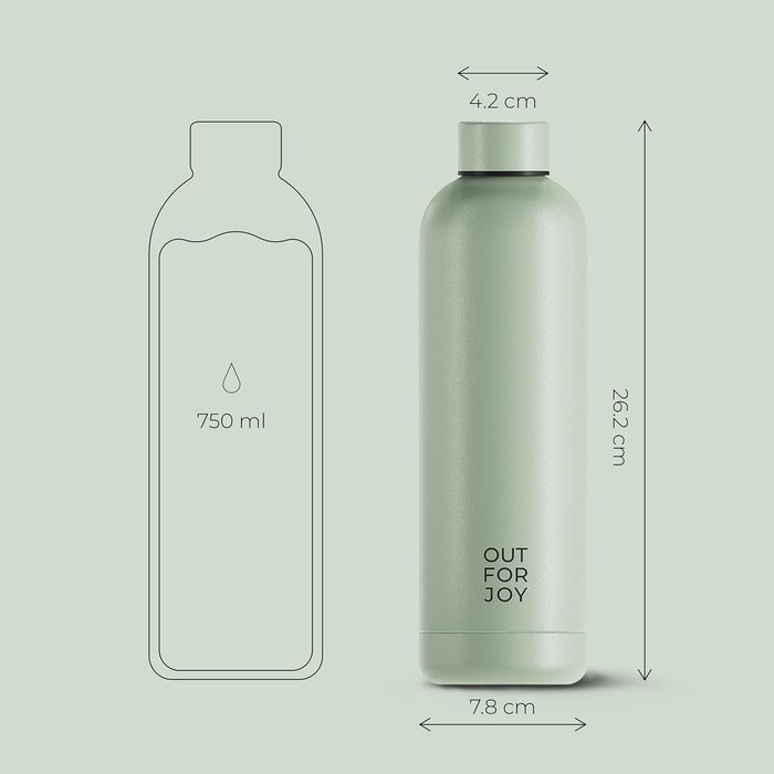 Термос-бутилка OUT FOR JOY 750 мл із нержавіючої сталі, герметична, BPA-free, для газованої води, зберігає тепло 12 годин і холод 24 години, для спорту, школи та активного відпочинку, зелена