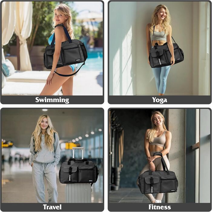 Спортивна сумка для жінок та чоловіків з відділенням для взуття та вологих речей, водонепроникна сумка для подорожей, тренувань, басейну та сауни (Чорна)