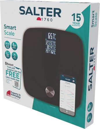 Електронна вага Salter для аналізу складу тіла – розумна вага з мультидисплеєм, 180 кг, 17 показників тіла (вага, жир, вода, м'язи, кістки, BMI, BMR), чорний колір