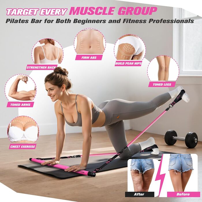 Набір для пілатесу HPYGN з 4 еластичними стрічками, регульоване обладнання для пілатесу для жінок та чоловіків, багатофункціональний набір для фітнесу, стрічки для стегон, ніг, рук, домашній спортзал, йога, силові тренування, розтяжка, рожевий