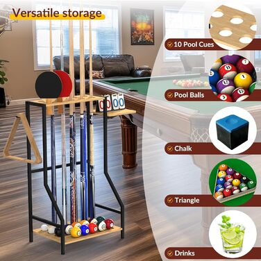 Стійка для більярдних київ YBING: тримає до 10 київ, бамбукова, з невеликою поличкою