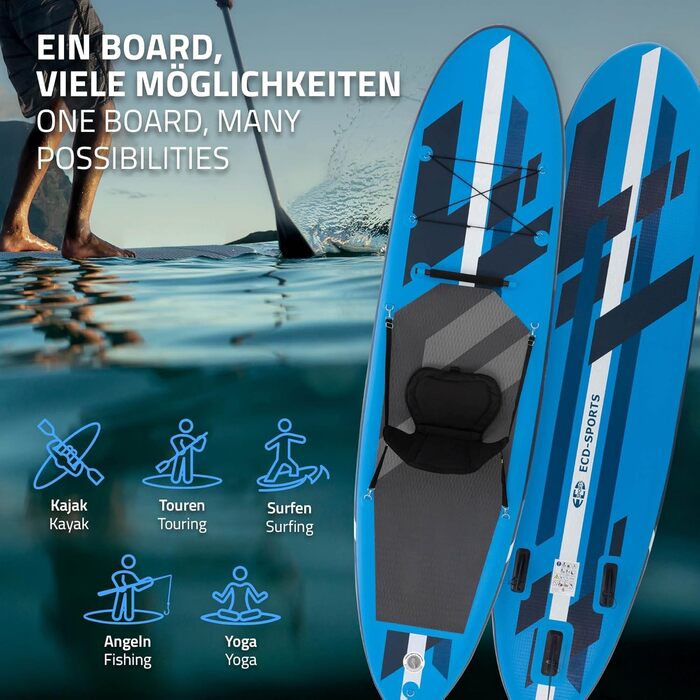 Надувна SUP-дошка ECD Germany з каяк-сидінням, 320x82x15 см, чорна/блакитна/бірюзова/сіро-оранжева, PVC, алюмінієве весло, повний комплект аксесуарів для серфінгу та веслування