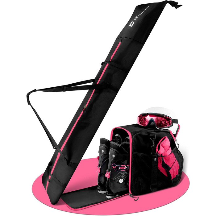 Набір STYNGARD для гірськолижного спорядження: сумка для лиж (120-160 см) та сумка для черевиків з відділенням для шолома (40 л), сітка для вентиляції, модель St. Moritz, чорно-рожевий