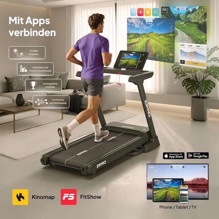 Біговий тренажер ZIPRO Sigma для дому з потужним мотором 3.5 HP, швидкість до 20 км/год, 20 рівнів нахилу, система амортизації VibGuard Pro, максимальне навантаження 140 кг, складаний