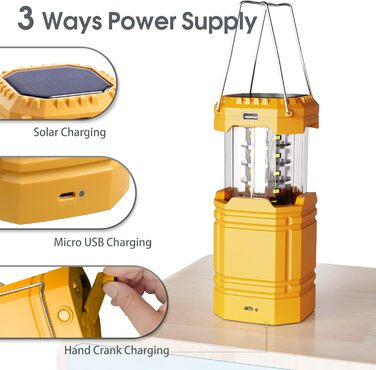 Сонячна кемпінгова лампа з ручним заводом, LED ліхтар, 3000 mAh Power Bank, водонепроникна, для туризму та виживання, жовта