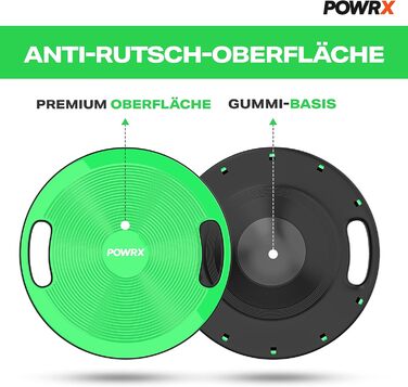 Wackelbrett POWRX для балансу та фітнесу (40 см) з ручками. Ідеально для фізіотерапії та пропріоцептивного тренування. Зелений колір.