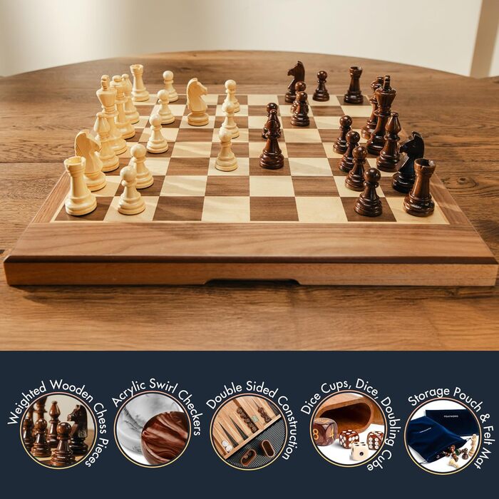 Набір шахів, шашок та нарду для дорослих 43,2 см, дерево, портативний, складаний, двосторонній, з великими фігурами