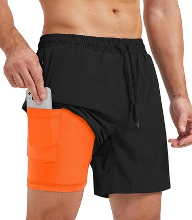 Шорти спортивні чоловічі для бігу 2 в 1, швидкі, короткі, для тренувань та марафону, з кишенею на блискавці (S, чорний та оранжевий)