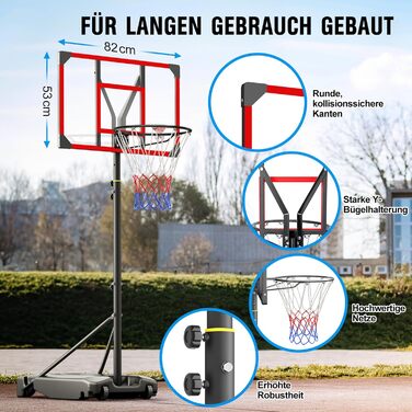 Баскетбольний кошик Outdoor з підставкою, регульована висота 147-260 см, ударостійка задня стінка 82x53 см, збільшений діаметр та колеса, для гри в приміщенні та на вулиці, червоний