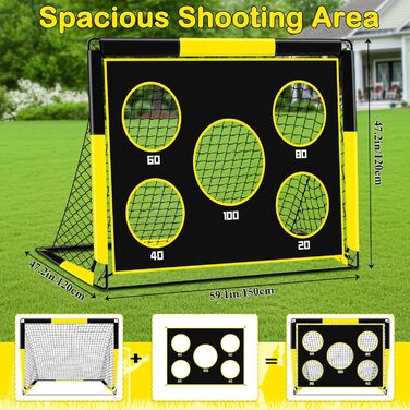 Дитячі воріта для футболу 2-в-1, 150х120 см, портативні та стабільні, з 5 цілями, 4 анкери та сумка, для саду, парку, пляжу (жовті)