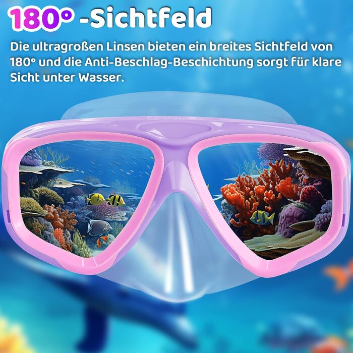 Дитячі окуляри для плавання Vvinca з захистом носа та м'яким ремінцем, безпечні, проти запотівання та водонепроникні, 3-14 років (01-Purple Pink)
