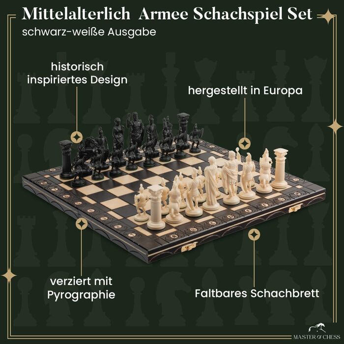 Шахи Master of Chess Black & White Edition, середньовічний стиль, дерев'яна дошка та пластикові фігури, для 2 гравців