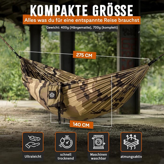 Гамак туристичний Monkey Swing ультралегкий з карабіном та стропами (до 300 кг) – 275 x 140 см, для кемпінгу, трекінгу, подорожей (Камуфляж, Зелений/Хакі)