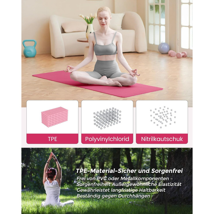 Йога-килимок Narwhal протиковзкий з TPE для фітнесу, пілатесу та тренувань, з ременем для перенесення, 183 x 61 x 0.6 см, колір слива-рожевий