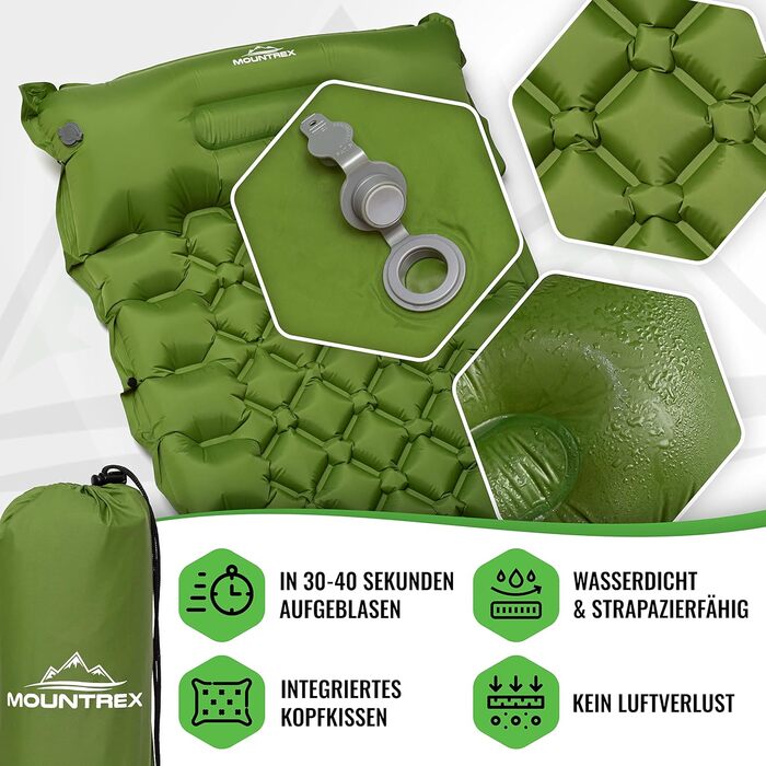 MOUNTREX Isomatte: туристичний килимок для кемпінгу, надувна матрац, легкий (700г), з насосом, зелений