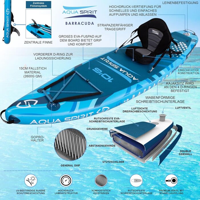 Надувна SUP-дошка Aqua Spirit 320x81x15 см, комплект каяк-набір з веслом, рюкзаком, насосом та аксесуарами, для дорослих початківців і експертів, 2 роки гарантії