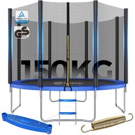 Батут Sekey Outdoor 244/305/366 см - сертифікований TÜV Rheinland GS, дитячий, для саду, з безпечним мотузковим драбиною, посиленим захисним сіткою та захисним бортиком, блакитний (305 см/10 футів)