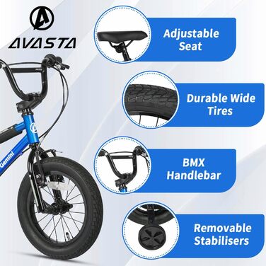 Дитяче велосипед BMX AVASTA 12/14/16 дюймів з бічними колесами та підставкою для дітей 1-8 років, різні кольори (Хimmelblau, армійсько-зелений)