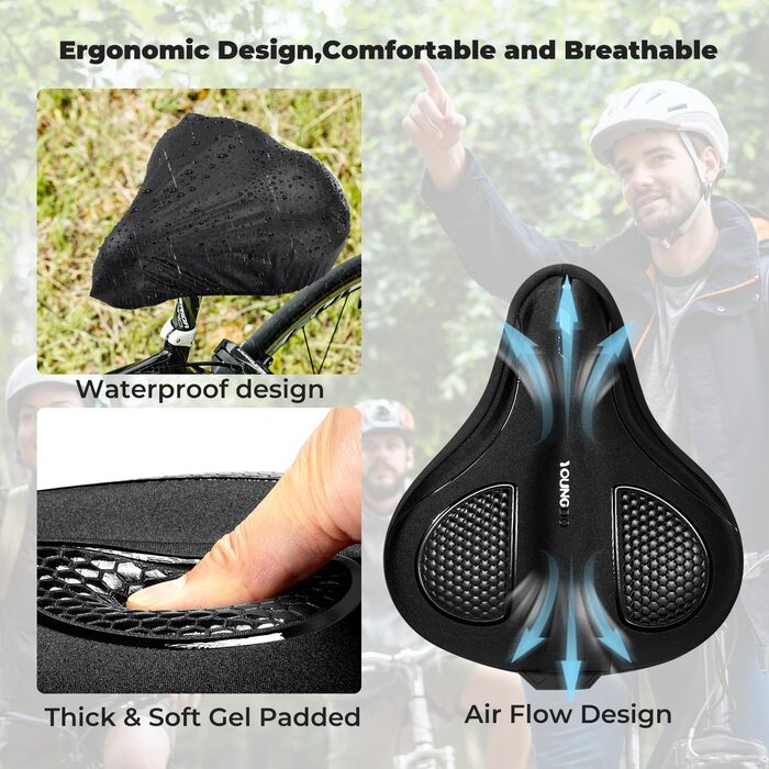 Накидка на сидіння велосипедного крісла YOUNGDO, ергономічна гелева підкладка, м'яка та комфортна, з дощовим захистом, для жінок та чоловіків (Чорний, Широкий)