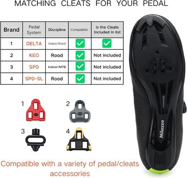 Чоловічі велотуфлі Milazzo для шосе, MTB та Indoor Cycling – дихаючі, сумісні з SPD, SPD-SL, Look Delta педалями (Чорний, Зелений, 44 EU)