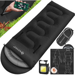 Сплячий мішок KESSER® Outdoor | Дека-сплячий мішок 3-4 сезони | Спальний мішок для дорослих та дітей | Легкий, теплий, водонепроникний | з ліхтариком та кишенькою, чорний, 220 x 83 см