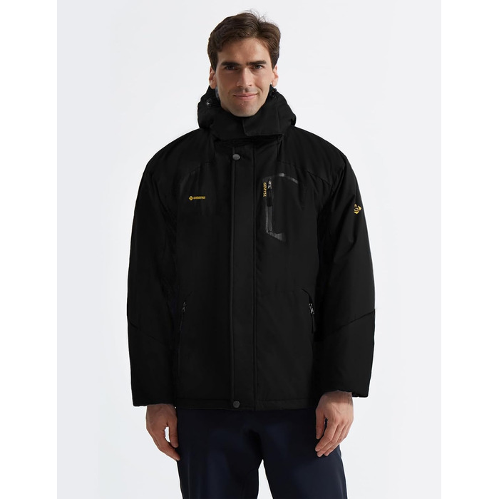 Чоловіча тепла куртка GEMYSE для катання на лижах, вітронепроникна, водонепроникна, дихаюча, з багатьма кишенями, для активного відпочинку на природі, зимова куртка з капюшоном, чорна, 3XL