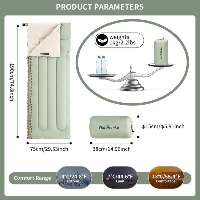 Спальний мішок Naturehike для дорослих та дітей, 3-4 сезони, водонепроникний, 190 x 75 см, зелений