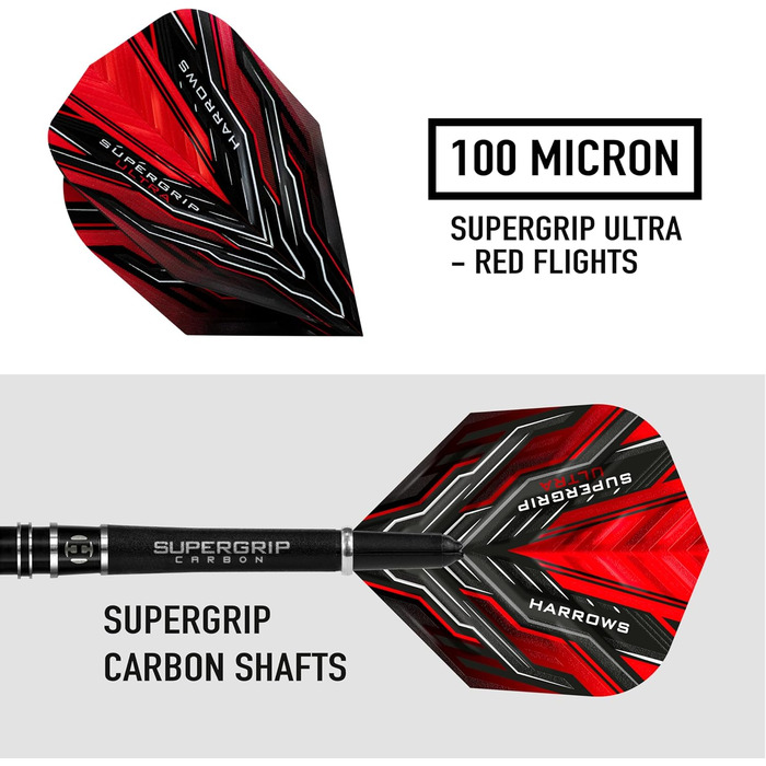 Дротики Harrows SUPERGRIP Ultra 90% вольфрам 26 г з карбоновими хвостовиками, оперенням та кейсом для подорожей