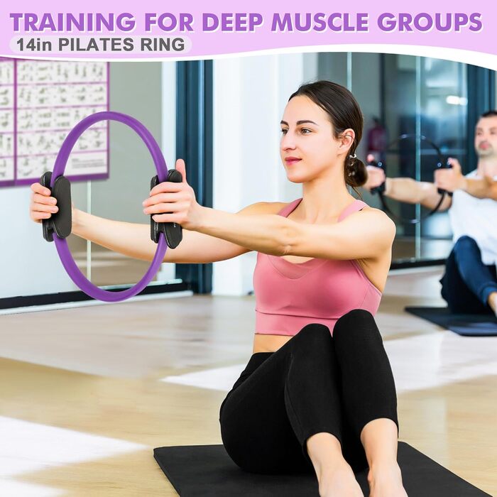 Pilates-кільце Goocrun з гумовими стрічками, м'ячем та слайдерами для фітнесу вдома – фітнес-постер у комплекті (середній рівень, фіолетовий)