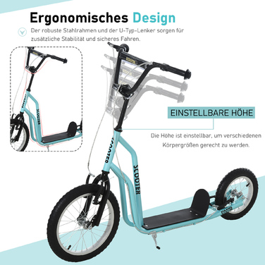 HOMCOM Scooter Scooter Kids Scooter від 5 років, Кікборд з пневматичними шинами 16/12 дюймів, Синій, 135 x 58 x 88-94 см| Аосом