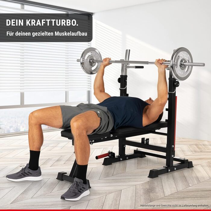 Тренувальна лава Hammer Force 4.0 з раком, складана, з нахилом та плоскою поверхнею, вантажопідйомність 180 кг, ручки для віджимань, стійка для штанги, регульована, для дому, жим лежачи