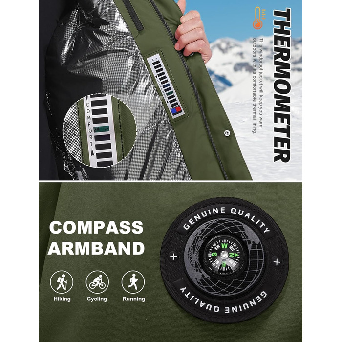 Зимова куртка для чоловіків, водонепроникна, тепла, з капюшоном та компасом (M) - Military Green