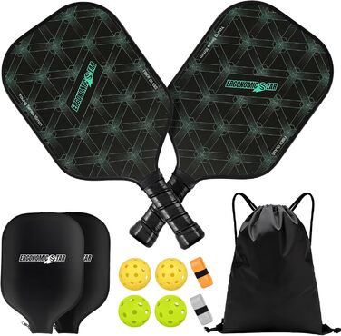 Набір для піклболу Ergonomicstar: фібергласові ракетки, 4 м'ячі, сумка, захист, легкі ракетки для початківців, для гри в приміщенні та на вулиці, чорний