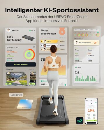 UREVO Smart Walking Pad: компактний біговий килимок під стіл з двома амортизаторами, додаток для фітнесу з відстеженням та режимом MIIT, керування пультом або додатком, чорний
