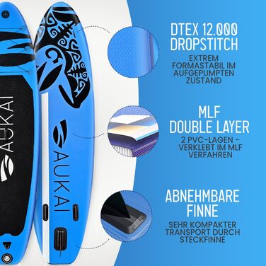 Надувний SUP Board AUKAI PRO 320см | 2-в-1 з каяком (сидіння в комплекті) | 5 років гарантія | Комплект: сидіння, кріплення для Action-Cam, фіксатор для ноги, насос, рюкзак | Колір: Ocean-Türkis