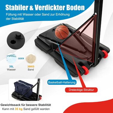 Баскетбольний кошик GOPLUS вуличний з підставкою, регульована висота 105-260 см, портативний баскетбольний стенд на колесах для дітей та підлітків