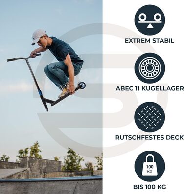 Трюковий самокат Sportisfaction для дітей і дорослих, міцний алюмінієвий дек, підшипники ABEC11, до 100 кг, синій/жовтий/червоний
