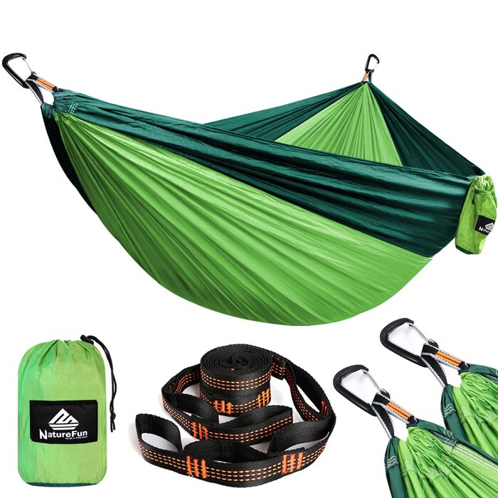 Намет-гамак NATUREFUN для кемпінгу та подорожей | 300 кг, 300x200 см | Атмосвітка, швидковисихаючий нейлон, 2 карабіни, 2 шнури | Зелений, темно-зелений