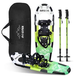 Снігоступи KinZon 3-в-1: легкі, міцні, з трекінговими палками та сумкою, підйом на п'яті, для походів, зелені, 63.5 см (для ваги 54-86 кг)