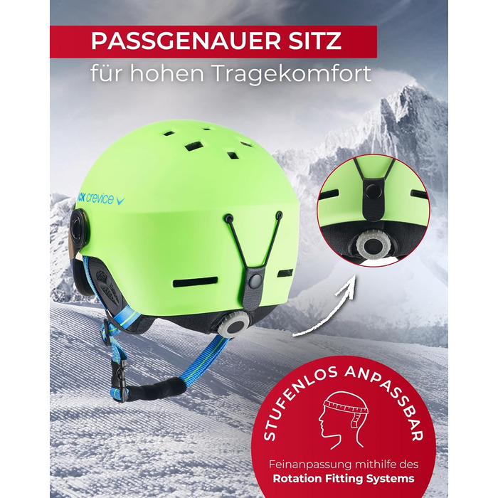 Шолом гірськолижний BLACK CREVICE Gstaad з візором (стиль пілота) | Полікарбонат, дихаючий, регульований 51-53 см | Lime-Blau/Blau