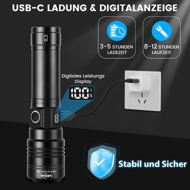 LED ліхтарик LEKIA PHM-30W: 500000 люменів, USB-C, військовий, 5 режимів, IPX6, Zoom, для кемпінгу та надзвичайних ситуацій